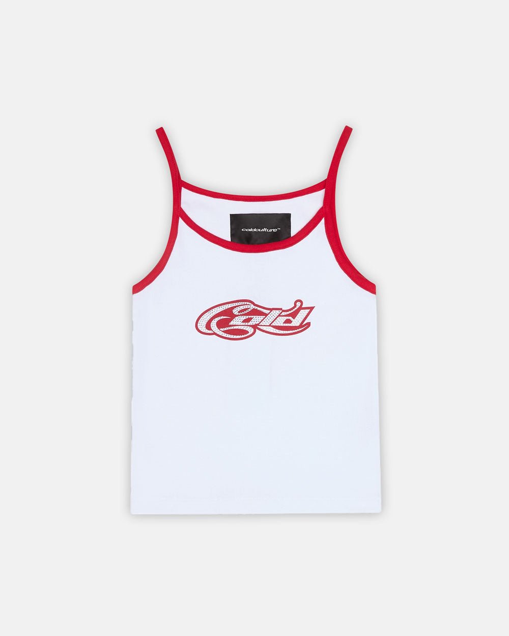 CURLY COLD STRASS TOP WHITE AND RED