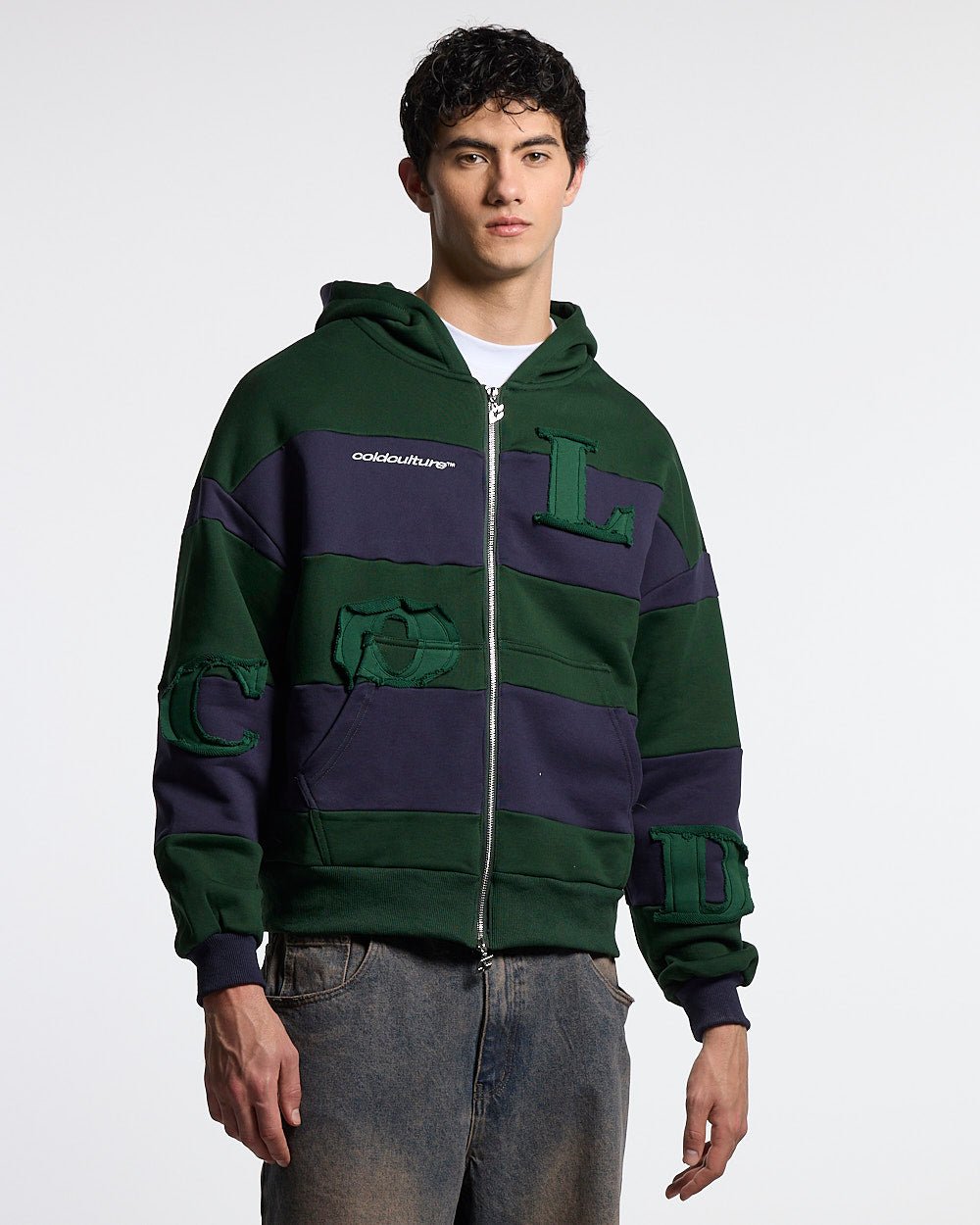 Sudadera con capucha y cremallera Puzzle, verde y azul marino