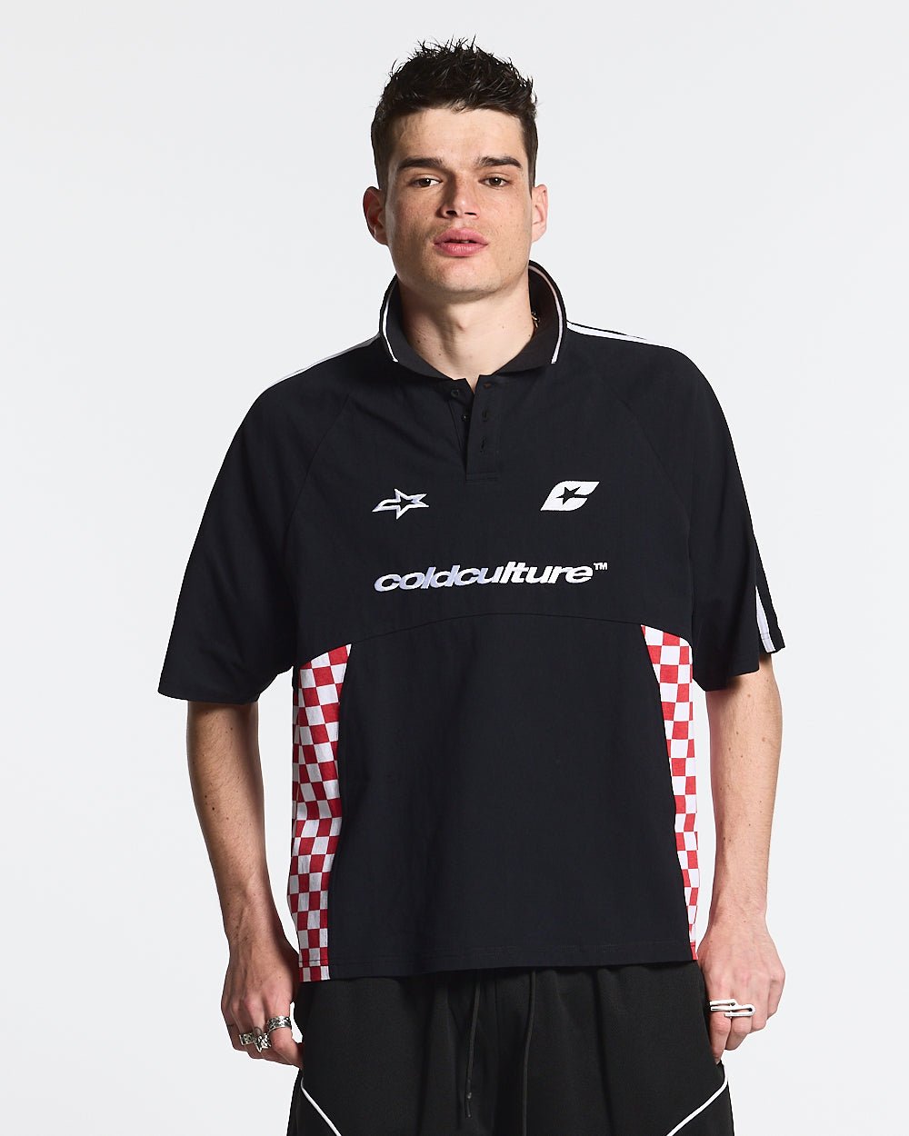 RED CHESS POLO TSHIRT BLACK
